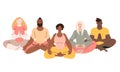 Flat style cartoon cute character, diverse group of people doing meditation in yoga pose Royalty Free Stock Photo