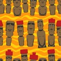 Flat style Cartoon Easter Island Rapa Nui seamless background with Moai, tropical colorful pattern