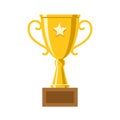 Flat style champion trophy with a star. Golden trophy, winner`s Cup with handles vector illustration. Concept of the award, the