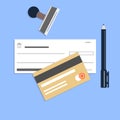 Flat style checkbook credit card and pen Royalty Free Stock Photo