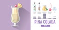 Flat style cocktail menu design. Cocktail pina colada recipe