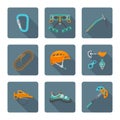 Flat style colored various alpinism tools icons collection Royalty Free Stock Photo