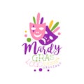 Flat style colorful logo template for Mardi Gras with hand drawn lettering and theater comedy and drama masks. Carnival