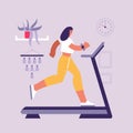 Cartoon active woman exercising on treadmill at home