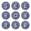 Flat style currency sign set. Vector euro, dollar, pound, yen, yuan, rupee, lira and rouble signes isolated on white