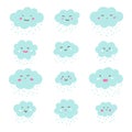 Flat style cute clouds, emoticons with cartoon emoji faces
