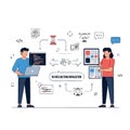 Team Collaborating on Workflow Synchronization and Software Development with Icons Flat style 2D illustration Royalty Free Stock Photo