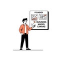 Startup Founder Explaining Business Model Canvas Strategy with Analytics and Heart Icons Flat Style 2D Illustration Royalty Free Stock Photo