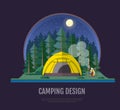 Flat style design of forest landscape and camping. Night scene