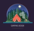 Flat style design of forest landscape and camping. Night scene