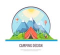 Flat style design Mountains landscape and camping. Royalty Free Stock Photo