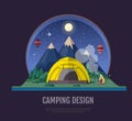 Flat style design Mountains landscape and camping. Night scene