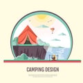 Flat style design of retro seaside landscape and camping