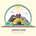 Flat style design of vintage Mountains landscape and camping