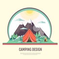 Flat style design of vintage Mountains landscape and camping