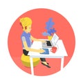 Flat style girl designer is sitting at desk and working with laptop, using graphic tablet Royalty Free Stock Photo