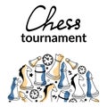 Flat style. A hand-drawn set of chess elements. People playing chess. Stacked pieces stacked in a circle. Isolated Royalty Free Stock Photo