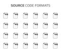 Flat style icon set. Source code, programming file type, extencion. Document format. Pictogram. Web and multimedia. Computer Royalty Free Stock Photo