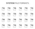 Flat style icon set. System file type, extencion. Document format. Pictogram. Web and multimedia. Computer technology Royalty Free Stock Photo