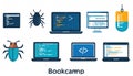 Flat-style icons depict software bugs, laptops displaying code Royalty Free Stock Photo