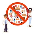 Flat style icons of food allergy triggers, doctor and patient, vector illustration