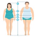 Flat style illistration of overweight man and women in full length with measurement lines of body parameters Royalty Free Stock Photo