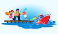 Flat style illustration of a father with children is driving a red radio-controlled model of a modern powerboat from the