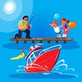 Flat style illustration of a father with children is driving a red radio-controlled model of a modern powerboat from the Royalty Free Stock Photo