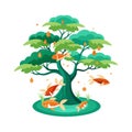 Stylized Illustration of a Tree Surrounded by Goldfish in a Pond on White Background Royalty Free Stock Photo
