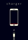 Flat style illustration. Mobile smartphones charging on dark blue background. Phone with a low battery charge and with USB