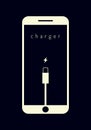 Flat style illustration. Mobile smartphones charging on dark blue background. Phone with a low battery charge and with USB