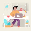 Flat style illustration of office girl happy sitting at desk with laptop and cup Royalty Free Stock Photo