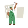 Flat style illustration of a plumber or repair worker happy smiling on a background of several houses