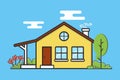 Flat style illustration of a privat living house with tree and flower