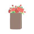 Flat style illustration with roses in beton pot.