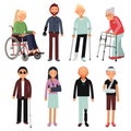 Flat style illustration set of disabled people in different poses. Vector pictures of hospital patients isolated