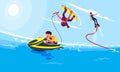 Flat style illustrations of characters in popular summer beach activities and water activities. Guy rides a water