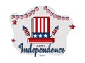 Flat style Independence Day banner or poster design with illustration of uncle sam hat and firework rockets in USA flag.