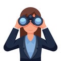 Flat style isolated vector illustration. Business woman looking through binoculars searching for a job Royalty Free Stock Photo