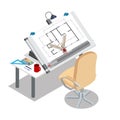 Flat style isometric architectural drawing board t Royalty Free Stock Photo