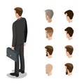 Flat style isometric hairstyle head face types of man illustration set. Diversity male business constructor: hair style, be