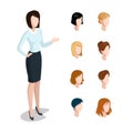 Flat style isometric head face types woman hairstyle illustration set. Diversity female business character constructor: hai