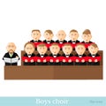 Flat style leader and boys choir in two raws with black suits, red cover notes isolated Royalty Free Stock Photo