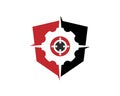 Flat style logo of gear cog and bullseye target inside a shield