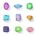 Flat style long shadow colored gems cuts icons Royalty Free Stock Photo