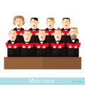 Flat style male choir in two raws with black suits and red cover note