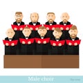 Flat style male choir in two raws with black suits and red cover notes isolated on white Royalty Free Stock Photo