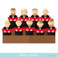 Flat style male choir in two raws with black suits and red cover notes on white Royalty Free Stock Photo