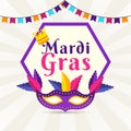 Flat style mardi gras poster design with party mask and bunting flags Royalty Free Stock Photo