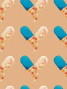 Flat style opened capsule pills seamless pattern on beige background